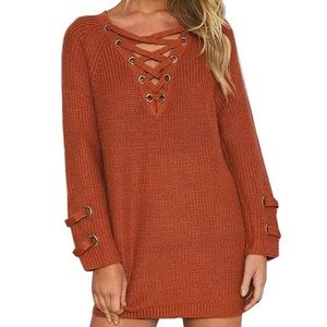 Women's Front Lace Up V Neck Knit Pullover